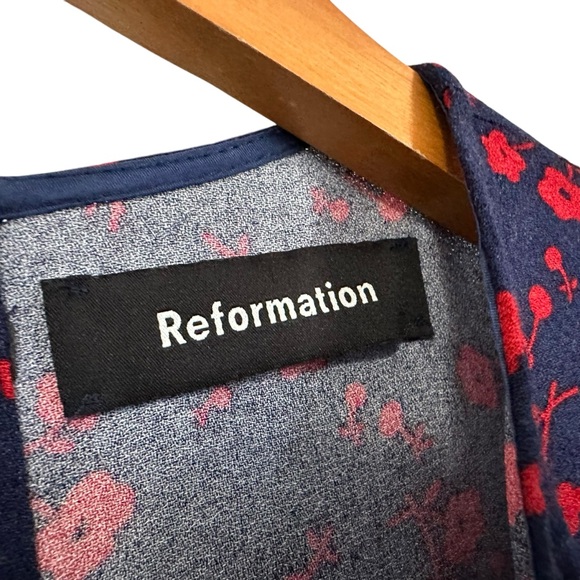 Reformation Womens Zelda Floral Midi Dress Sz 0 Poppy Blue Red Slit 3/4 Sleeve - Picture 8 of 13